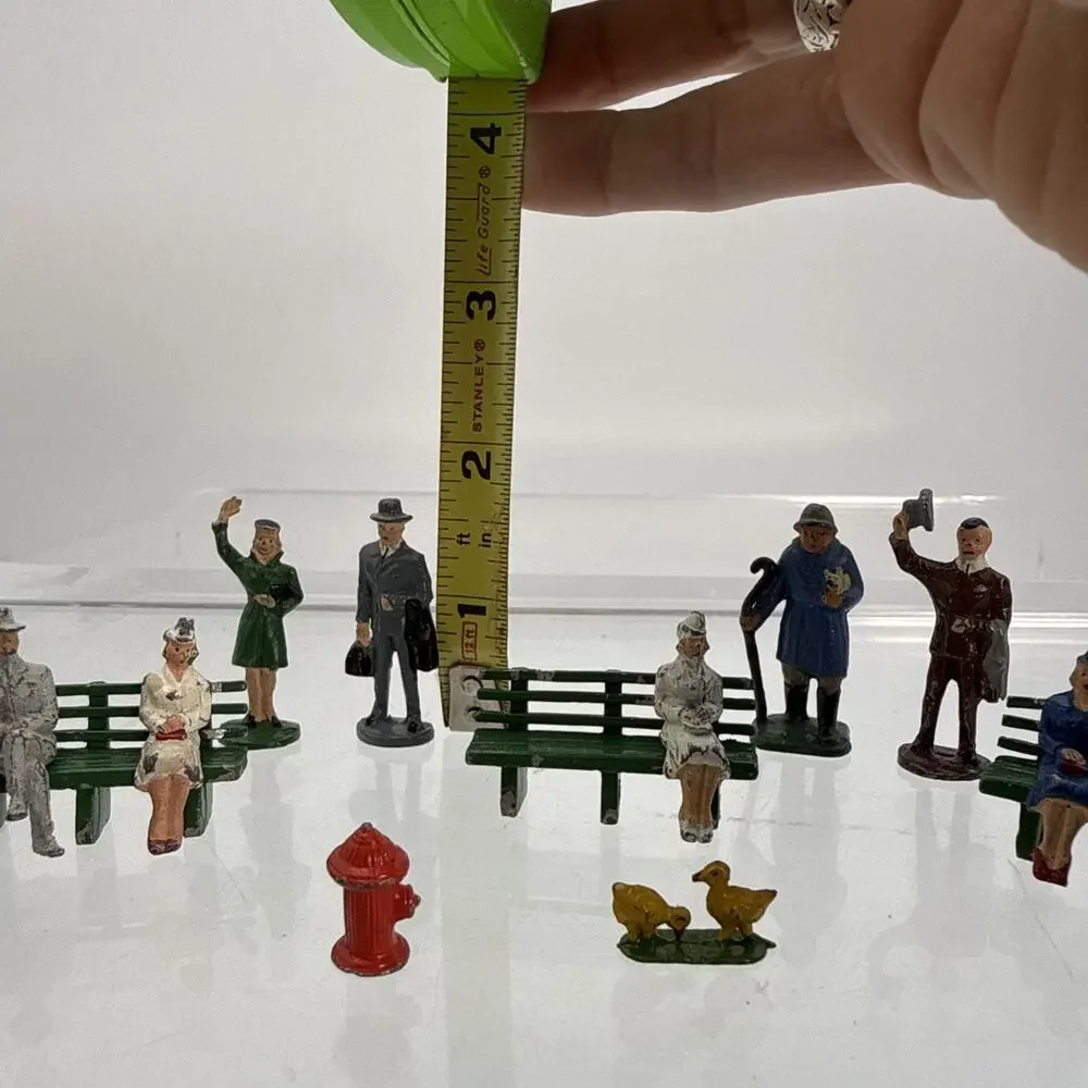 16 Barclay Manoil Painted Lead Traveler Figurines, Benches, Mailbox, Trash, Duck